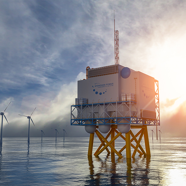 Hydrogen renewable offshore energy production - hydrogen gas for clean electricity solar and windturbine facility. 3d rendering.