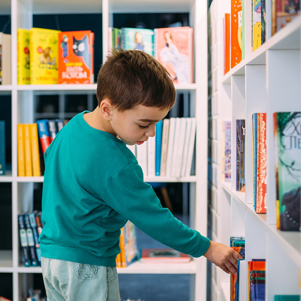 A,Little,Boy,Reaches,For,Shelf,Of,Children A little boy reaches for shelf of children